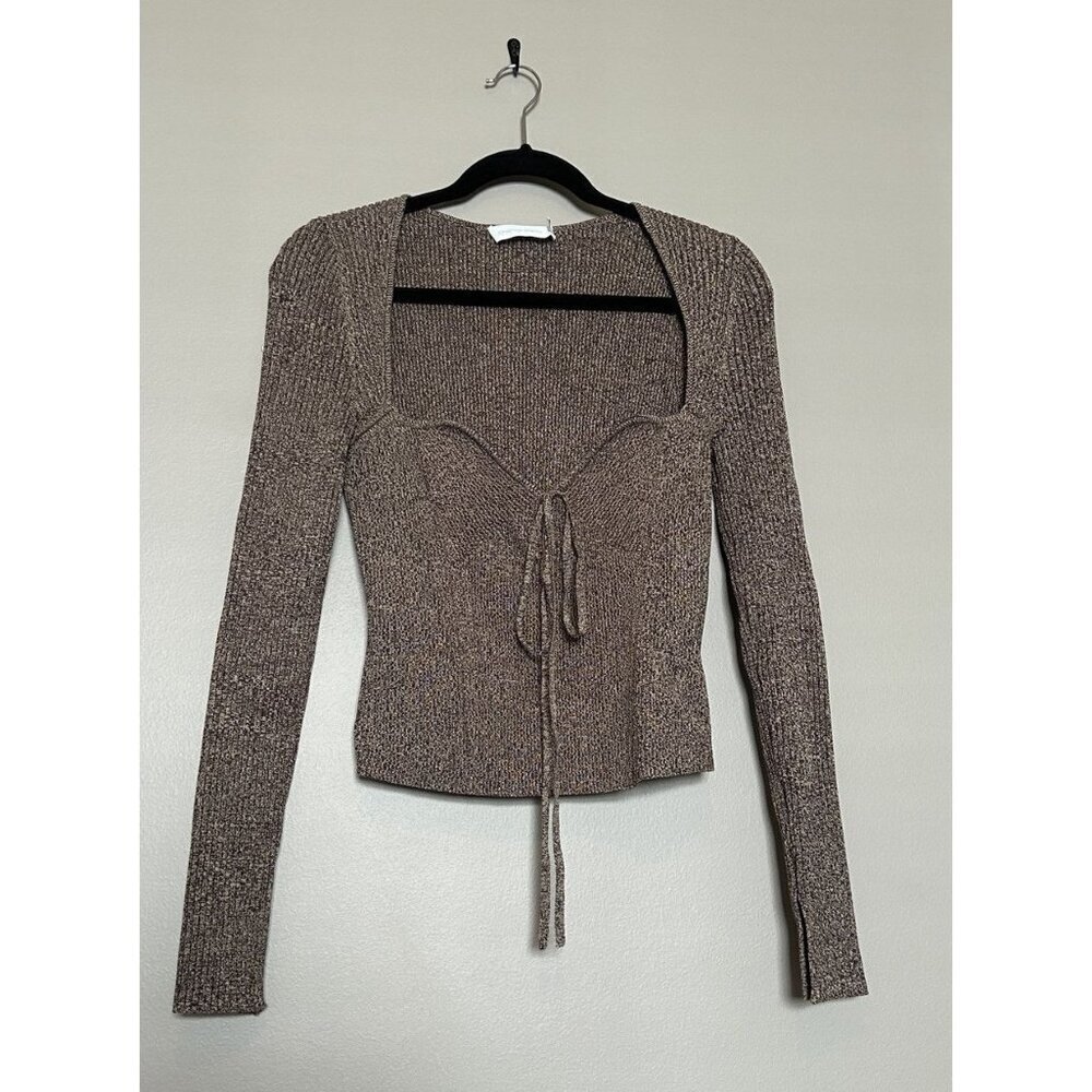 Jonathan Simkhai Long Sleeve Cropped Ribbed Top Sweater V Neck Brown Dune Large